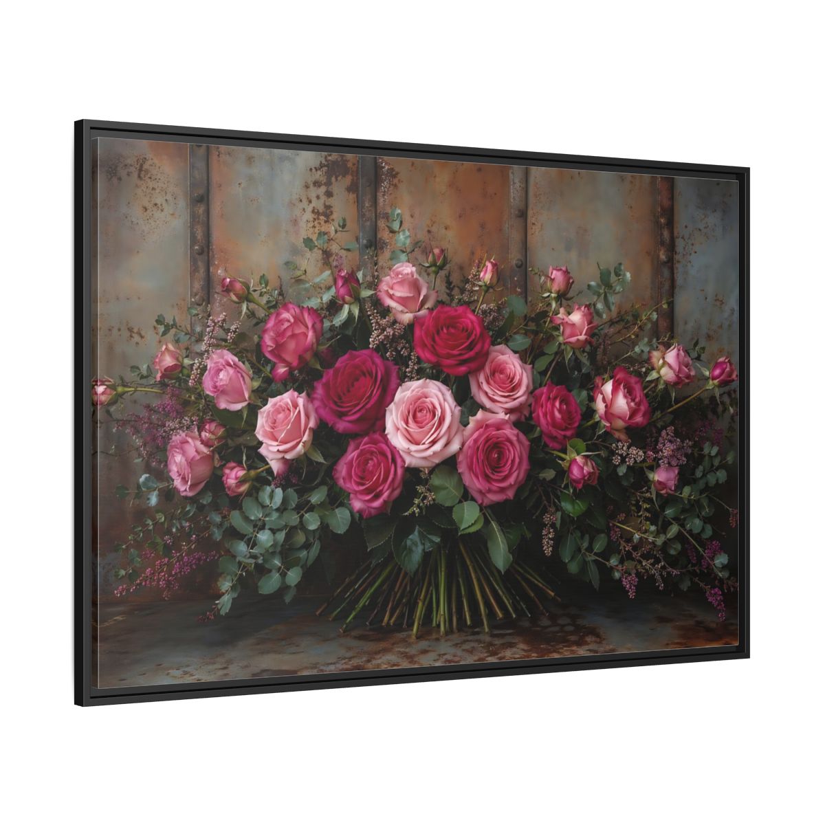 Side Mockup 12. Floral Roses Pink And Rust shown as stretched canvas wall art