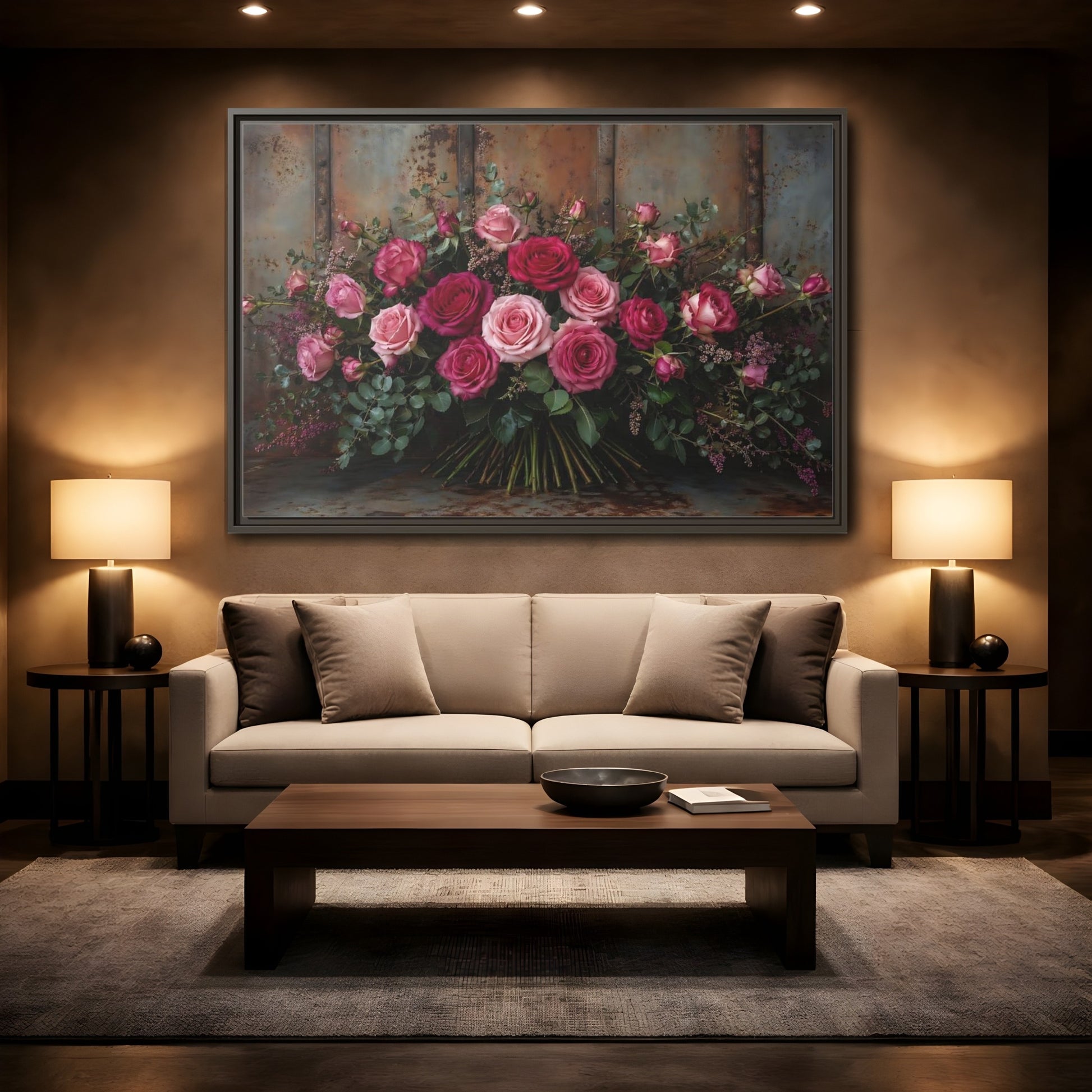 Mockup 2. Floral Roses Pink And Rust shown as stretched canvas wall art