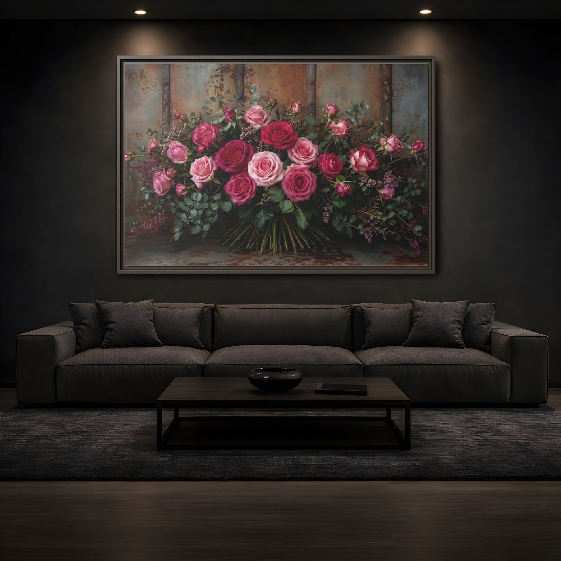 Mockup 3. Floral Roses Pink And Rust shown as stretched canvas wall art