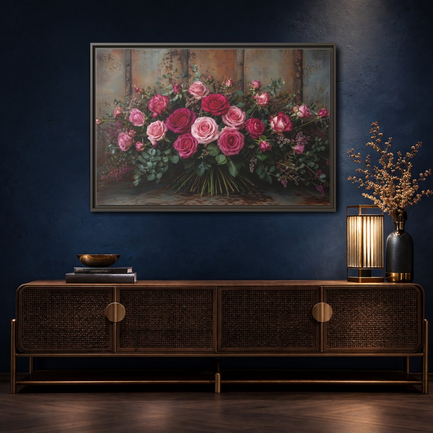 Mockup 4. Floral Roses Pink And Rust shown as stretched canvas wall art