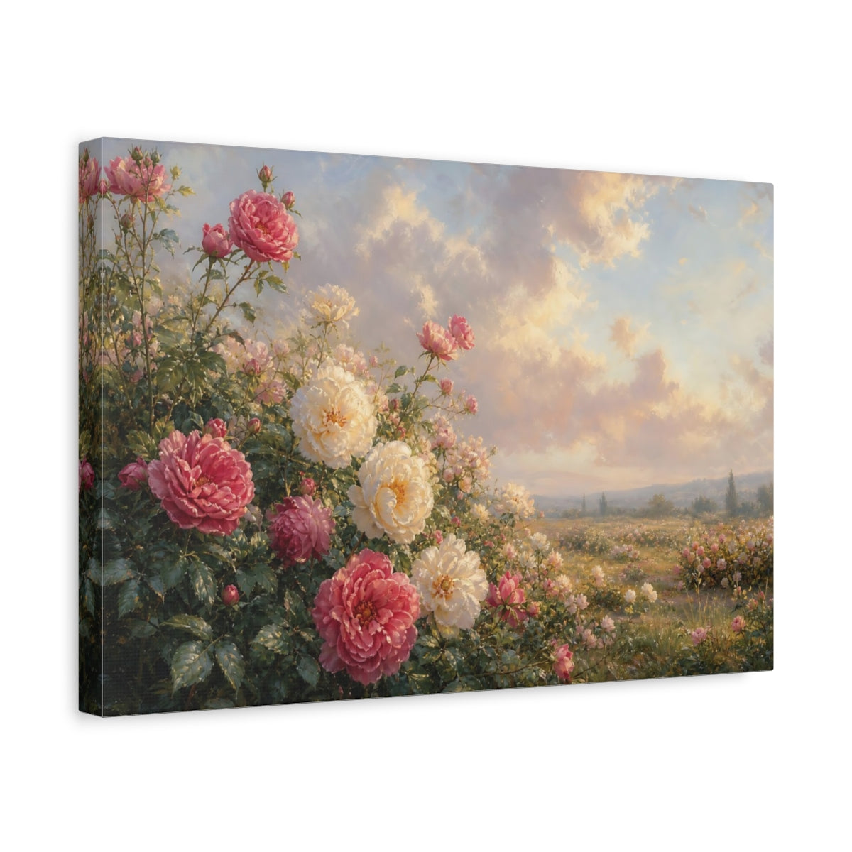 Side Mockup 4. Floral Roses Pink White Roses shown as stretched canvas wall art