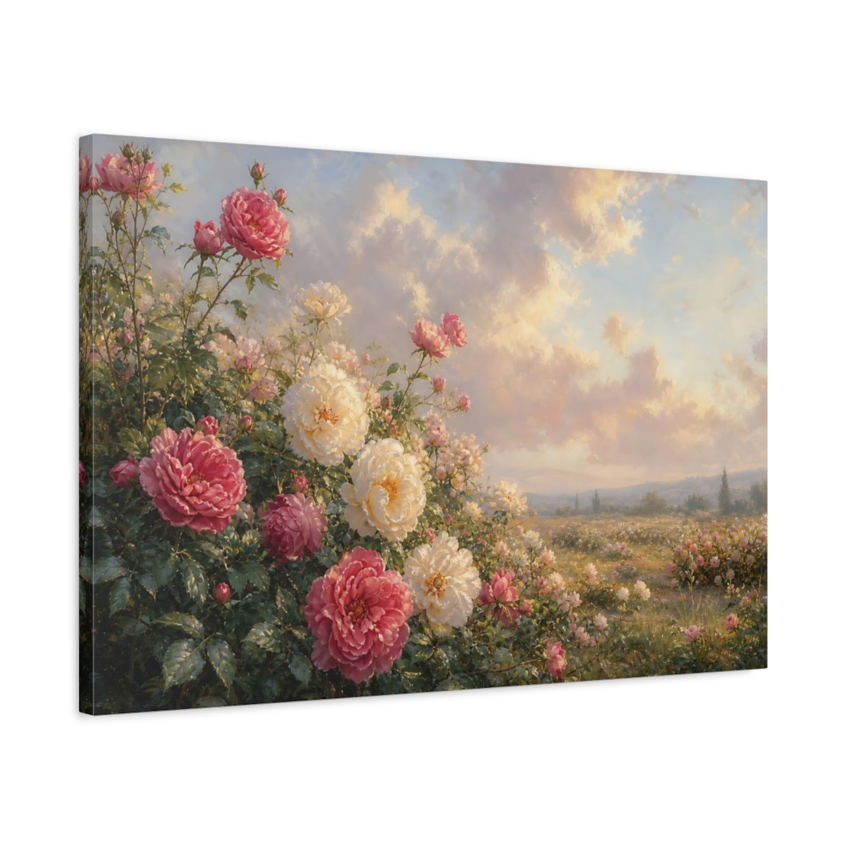 Side Mockup 2. Floral Roses Pink White Roses shown as stretched canvas wall art