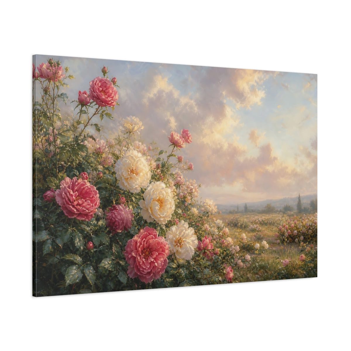 Side Mockup 1. Floral Roses Pink White Roses shown as stretched canvas wall art