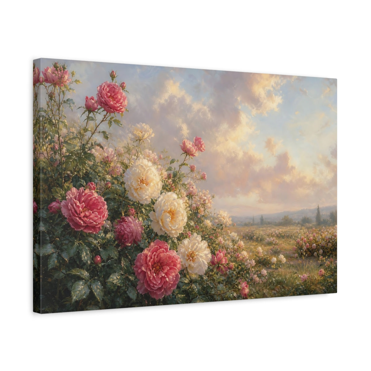 Side Mockup 3. Floral Roses Pink White Roses shown as stretched canvas wall art