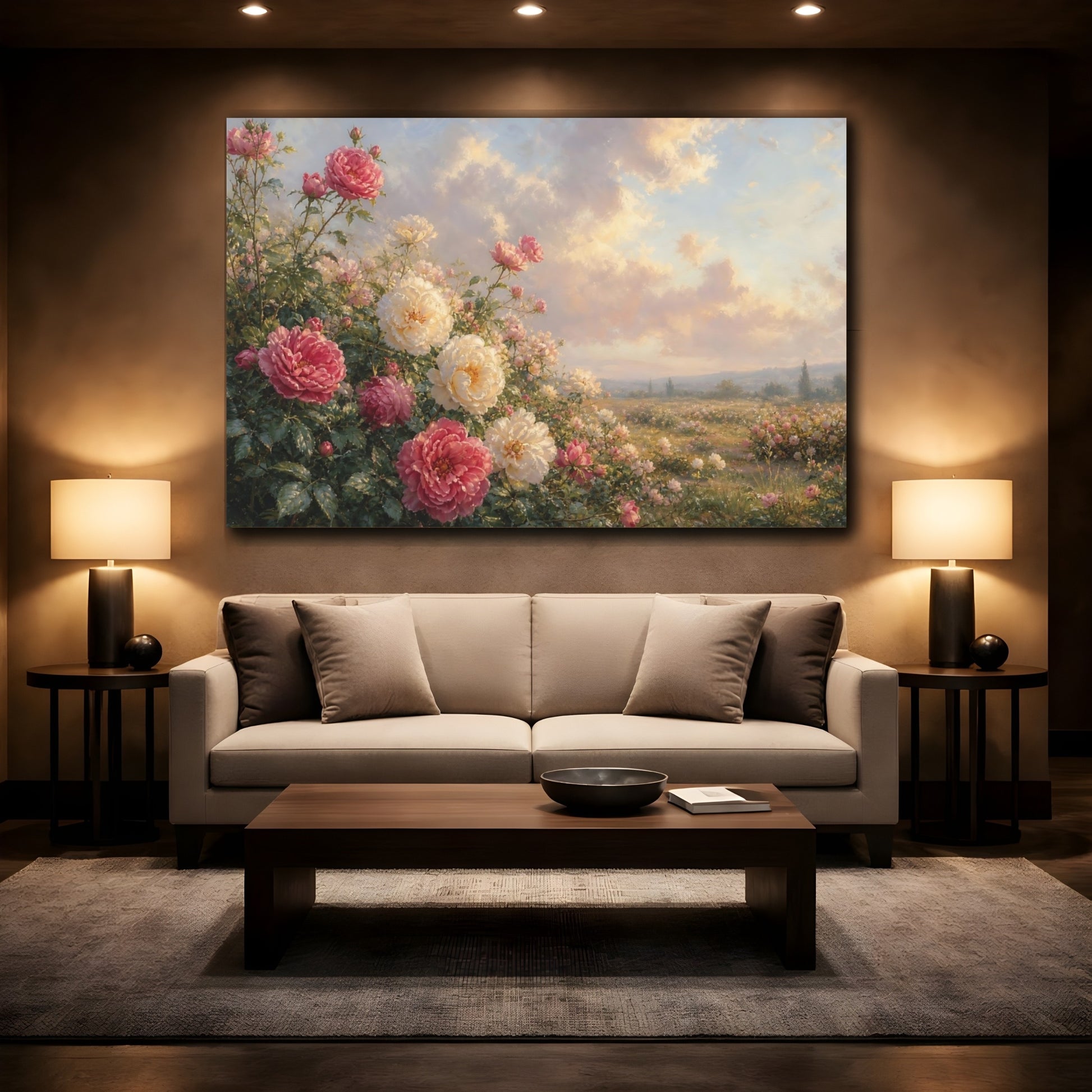 Mockup 2. Floral Roses Pink White Roses shown as stretched canvas wall art