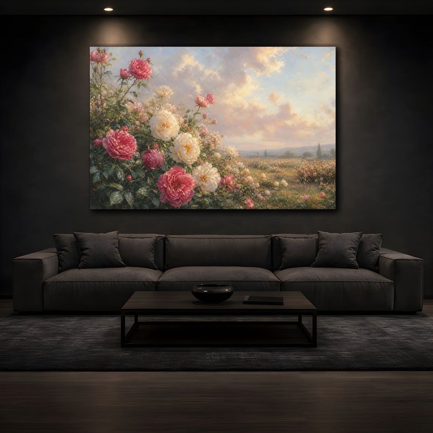 Mockup 3. Floral Roses Pink White Roses shown as stretched canvas wall art