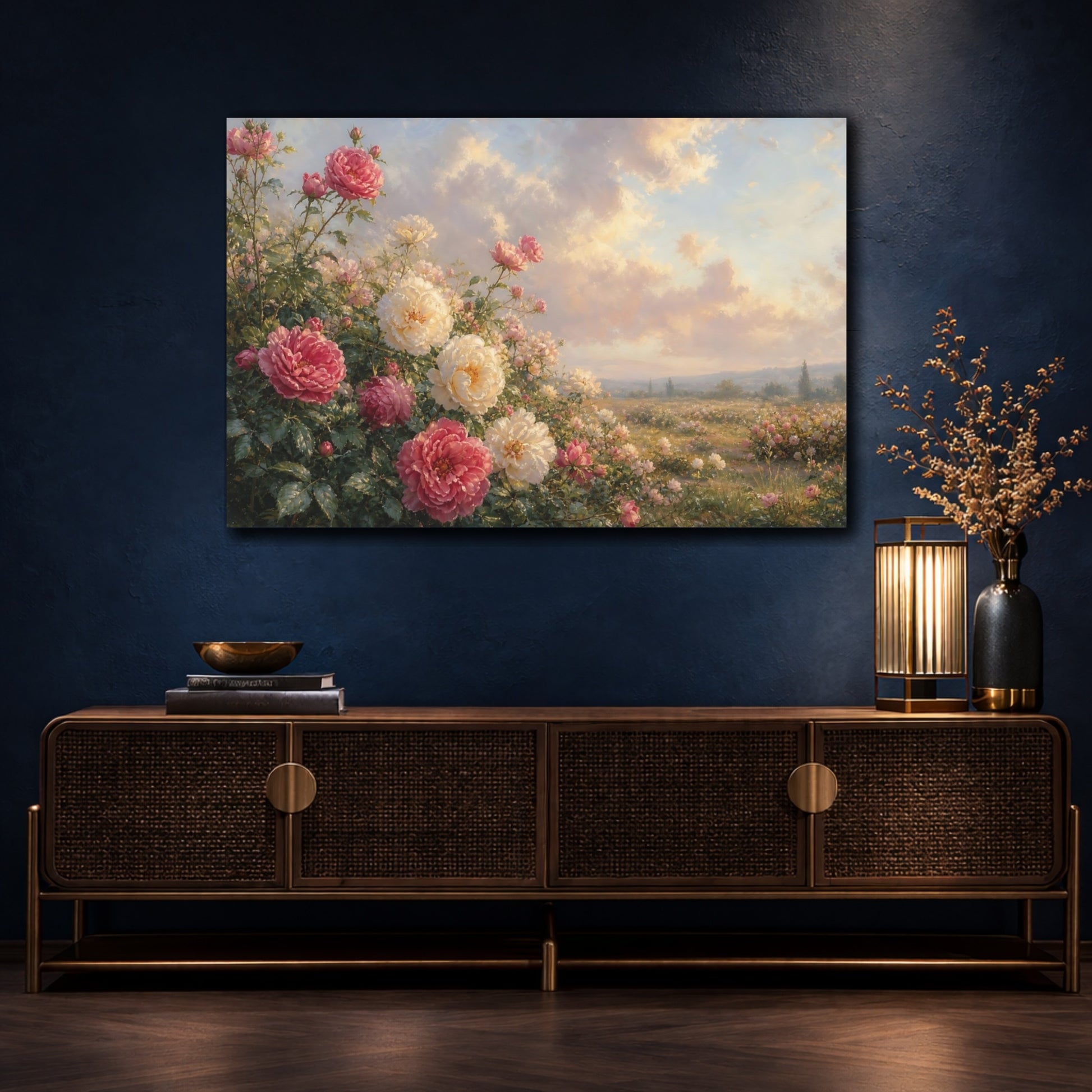 Mockup 4. Floral Roses Pink White Roses shown as stretched canvas wall art