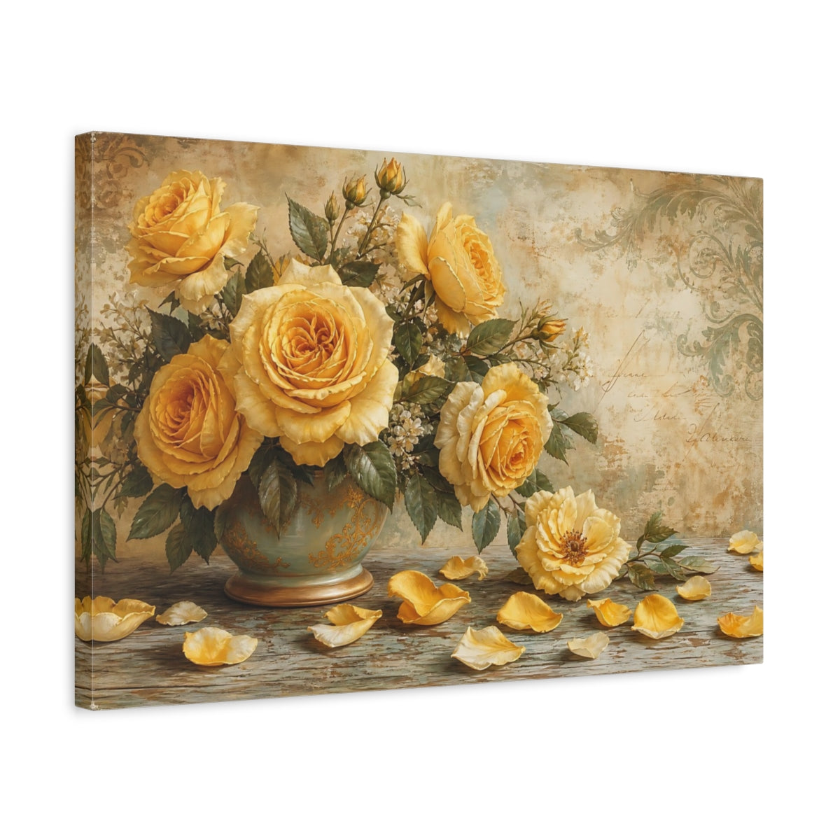 Side Mockup 3. Floral Roses Yellow Floral shown as stretched canvas wall art