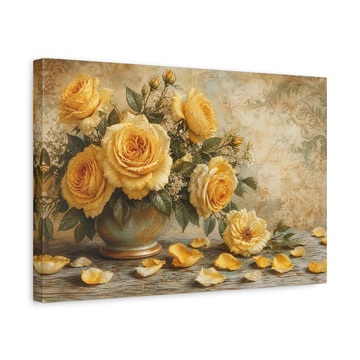 Side Mockup 4. Floral Roses Yellow Floral shown as stretched canvas wall art