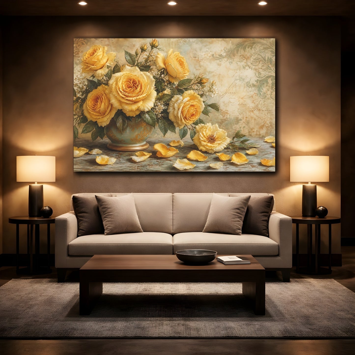 Mockup 2. Floral Roses Yellow Floral shown as stretched canvas wall art
