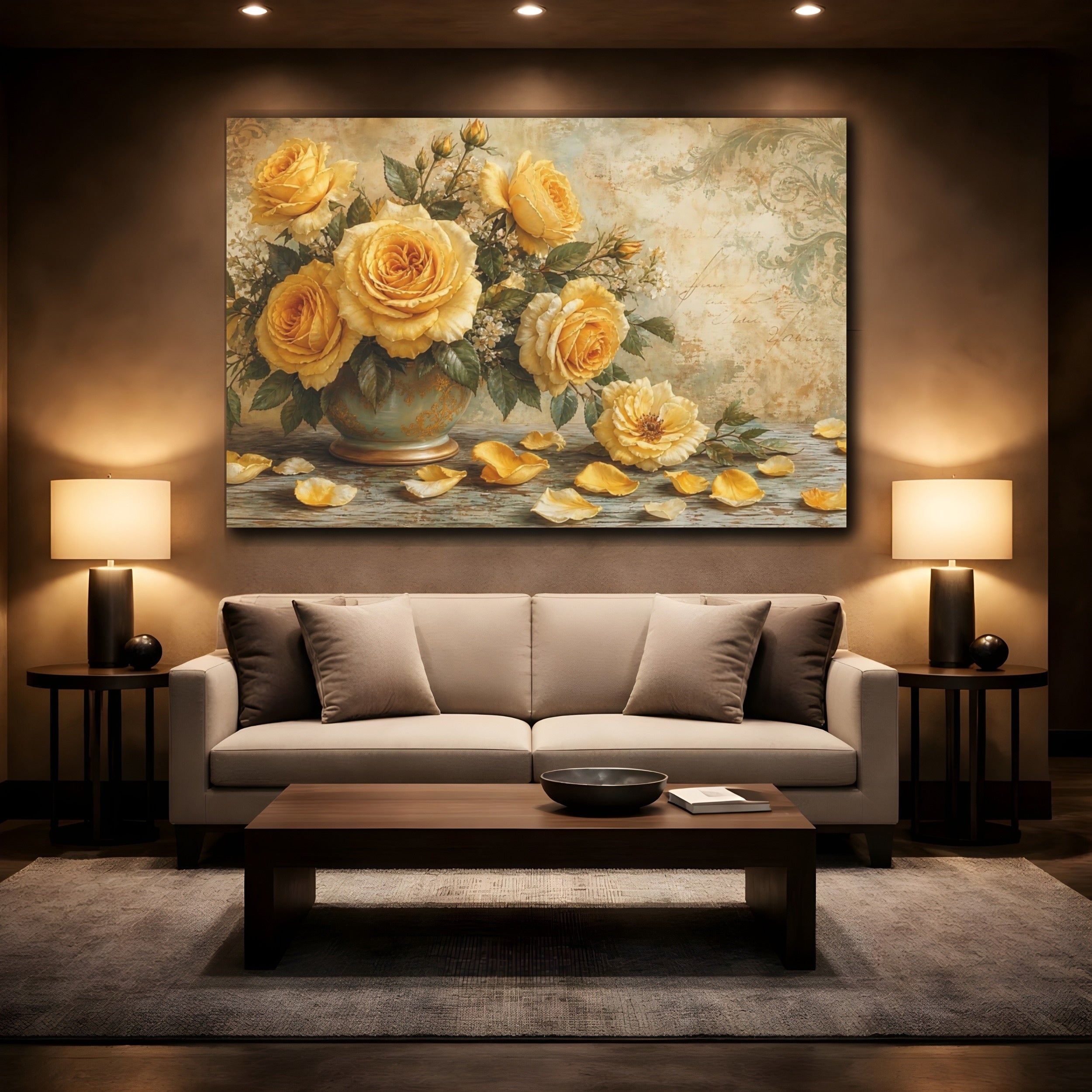 Mockup 2. Floral Roses Yellow Floral shown as stretched canvas wall art