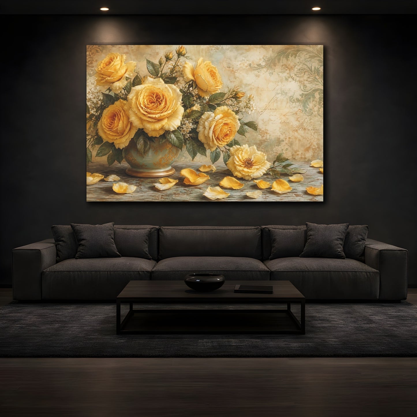 Mockup 3. Floral Roses Yellow Floral shown as stretched canvas wall art