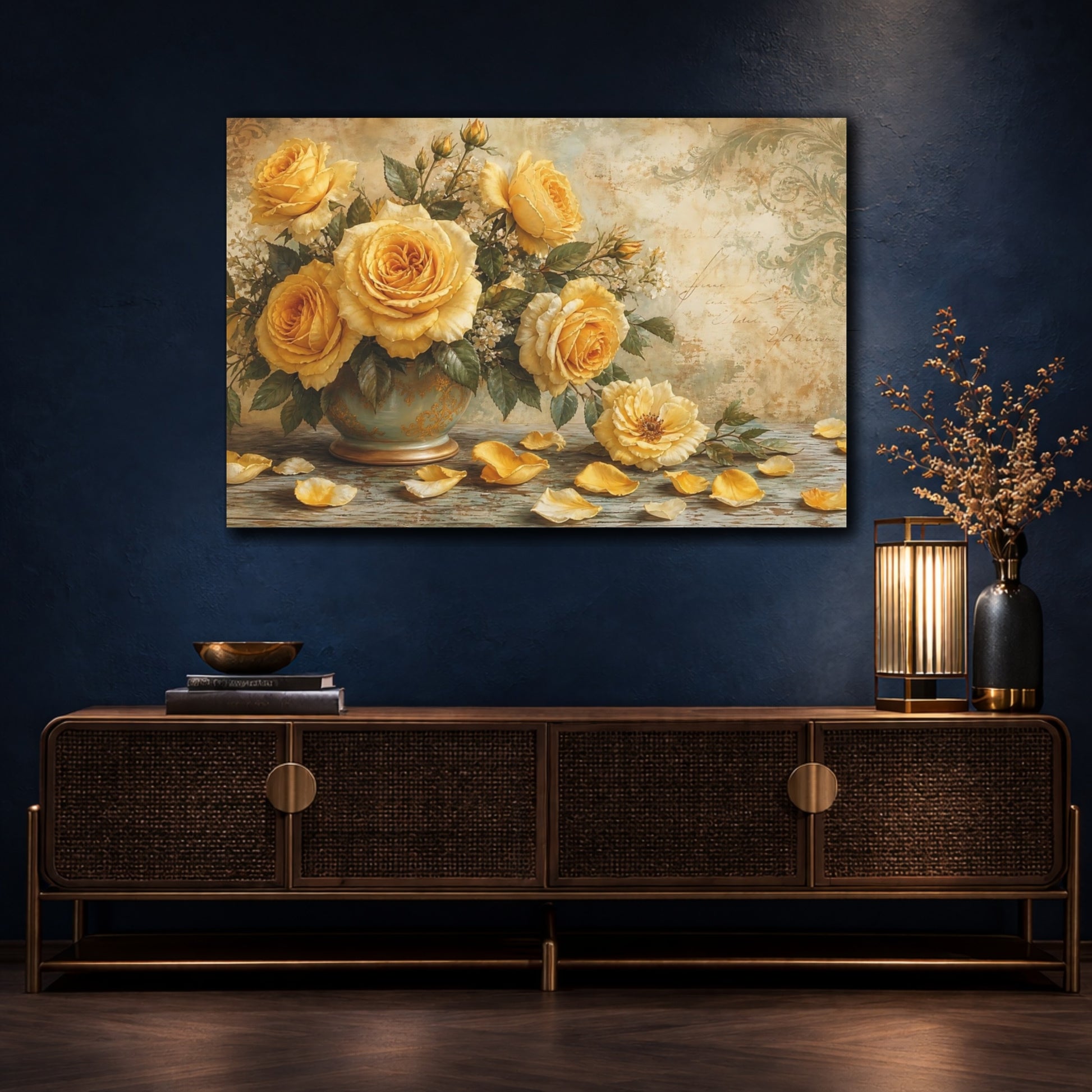 Mockup 4. Floral Roses Yellow Floral shown as stretched canvas wall art