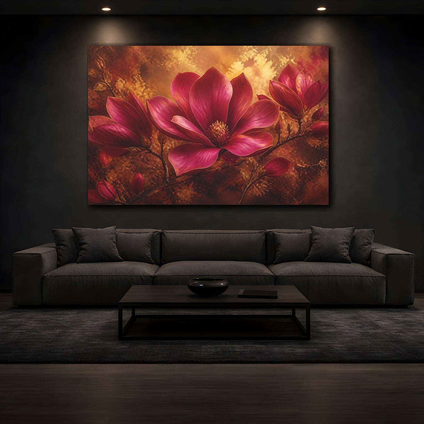 Mockup 3. Floral Ruby Magnolia shown as canvas print