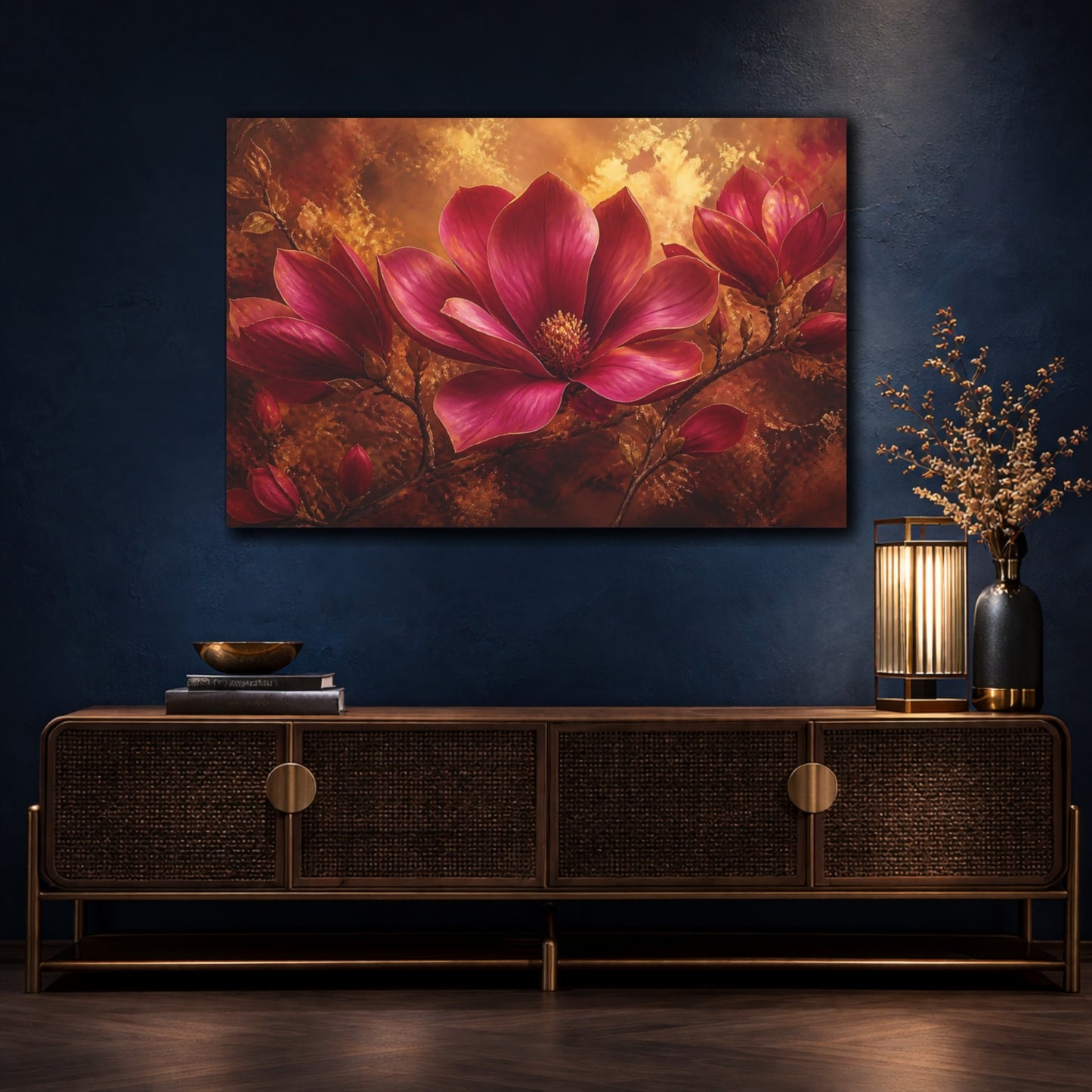 Mockup 4. Floral Ruby Magnolia shown as canvas print