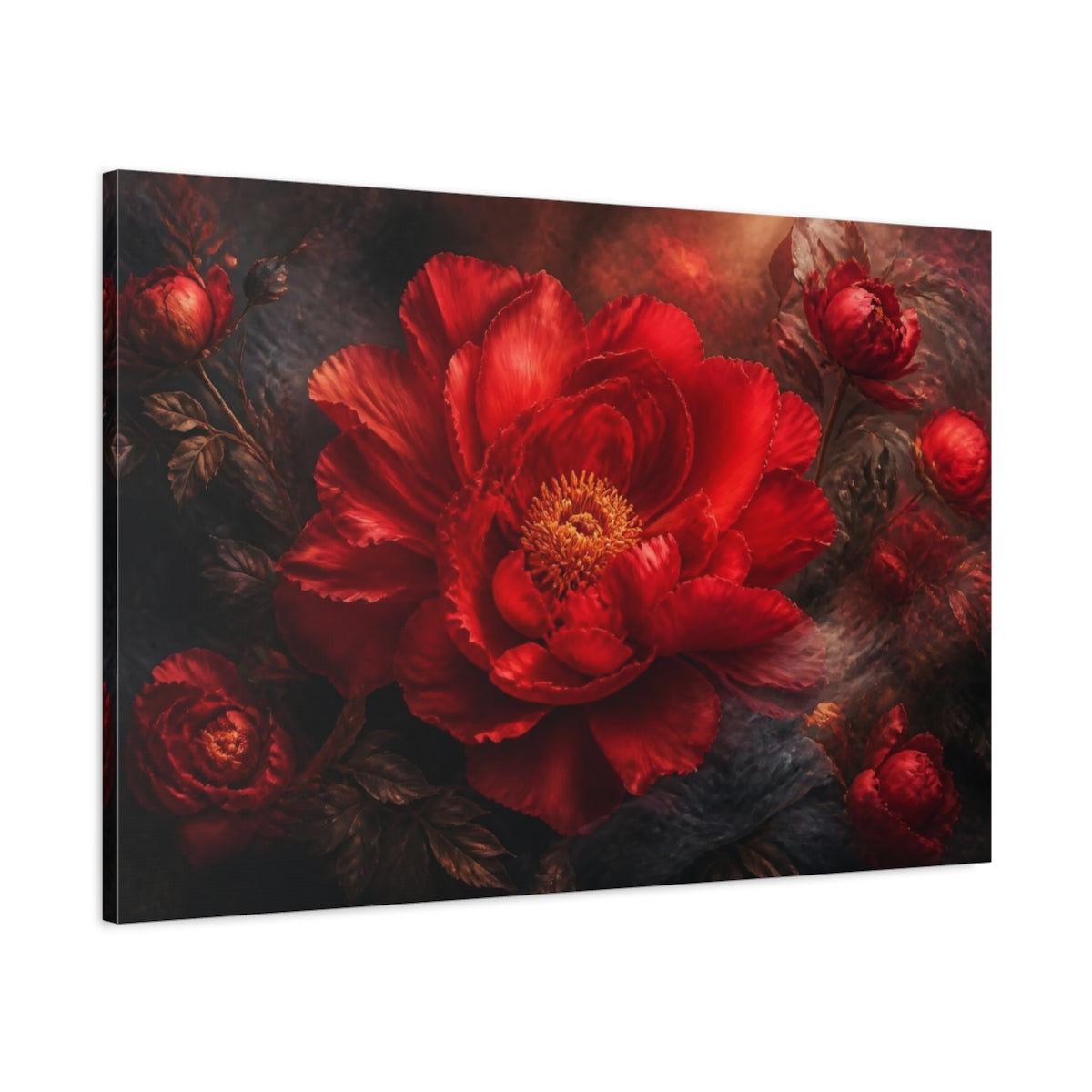 Main Mockup. Floral Scarlet Peony shown as canvas print