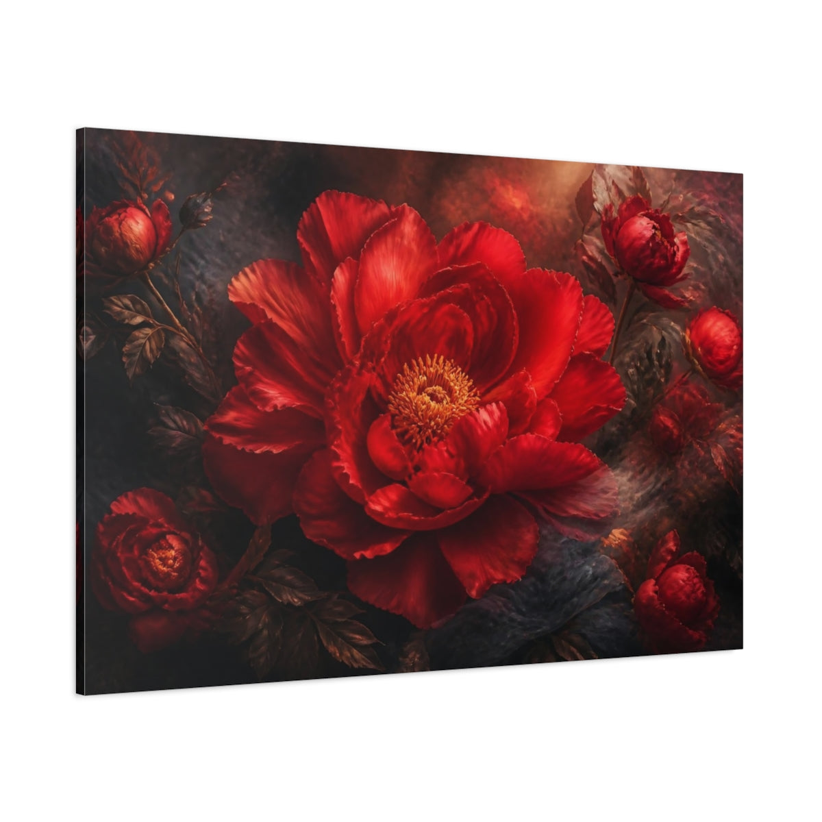 Side Mockup 1. Floral Scarlet Peony shown as canvas print