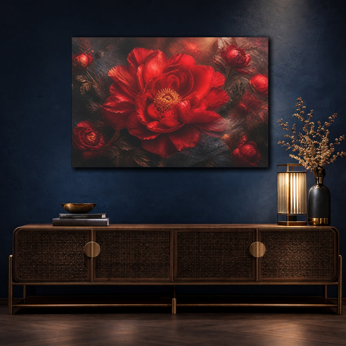 Mockup 4. Floral Scarlet Peony shown as canvas print