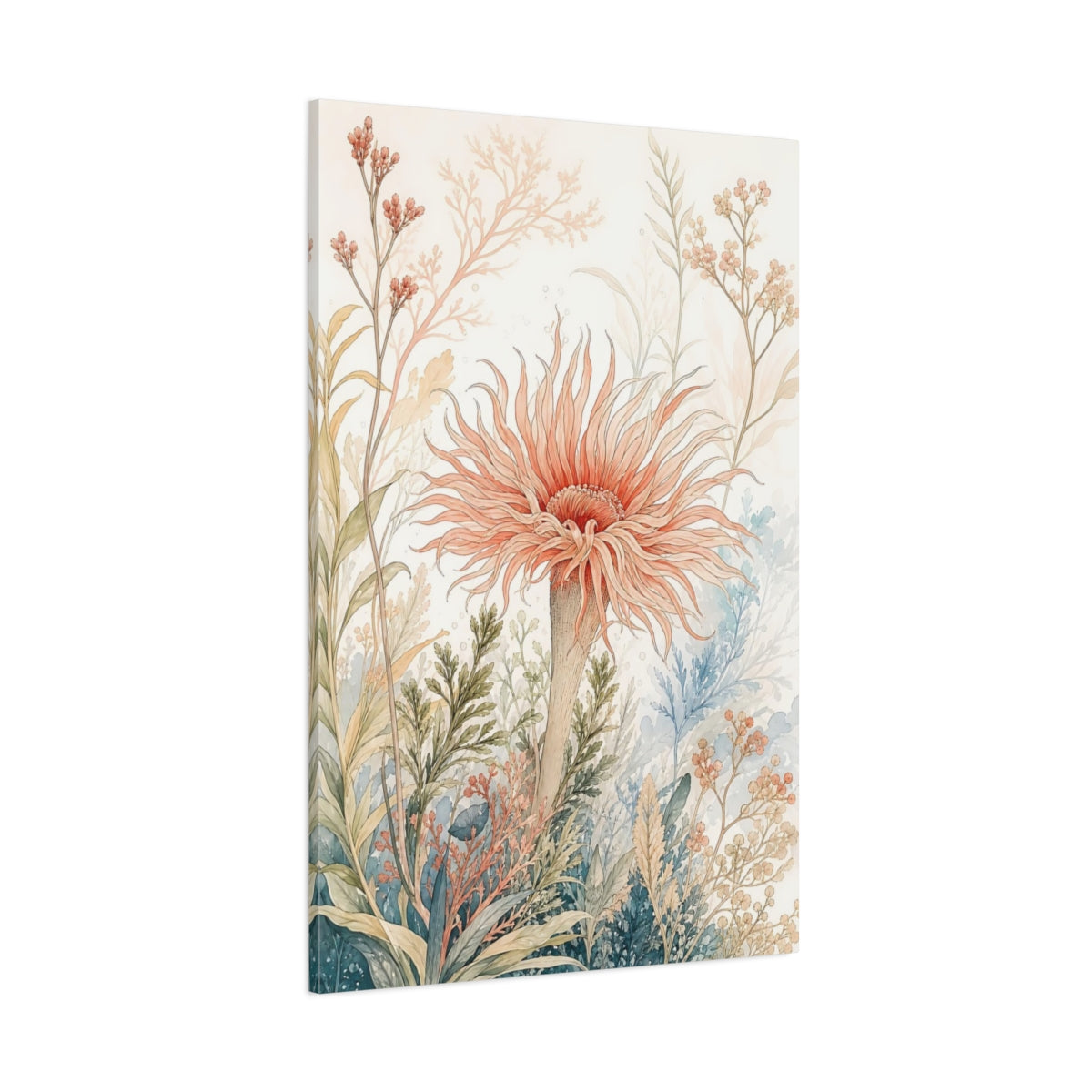 Side Mockup 1. Floral Sea Anemone Coral Botanical shown as stretched canvas wall art