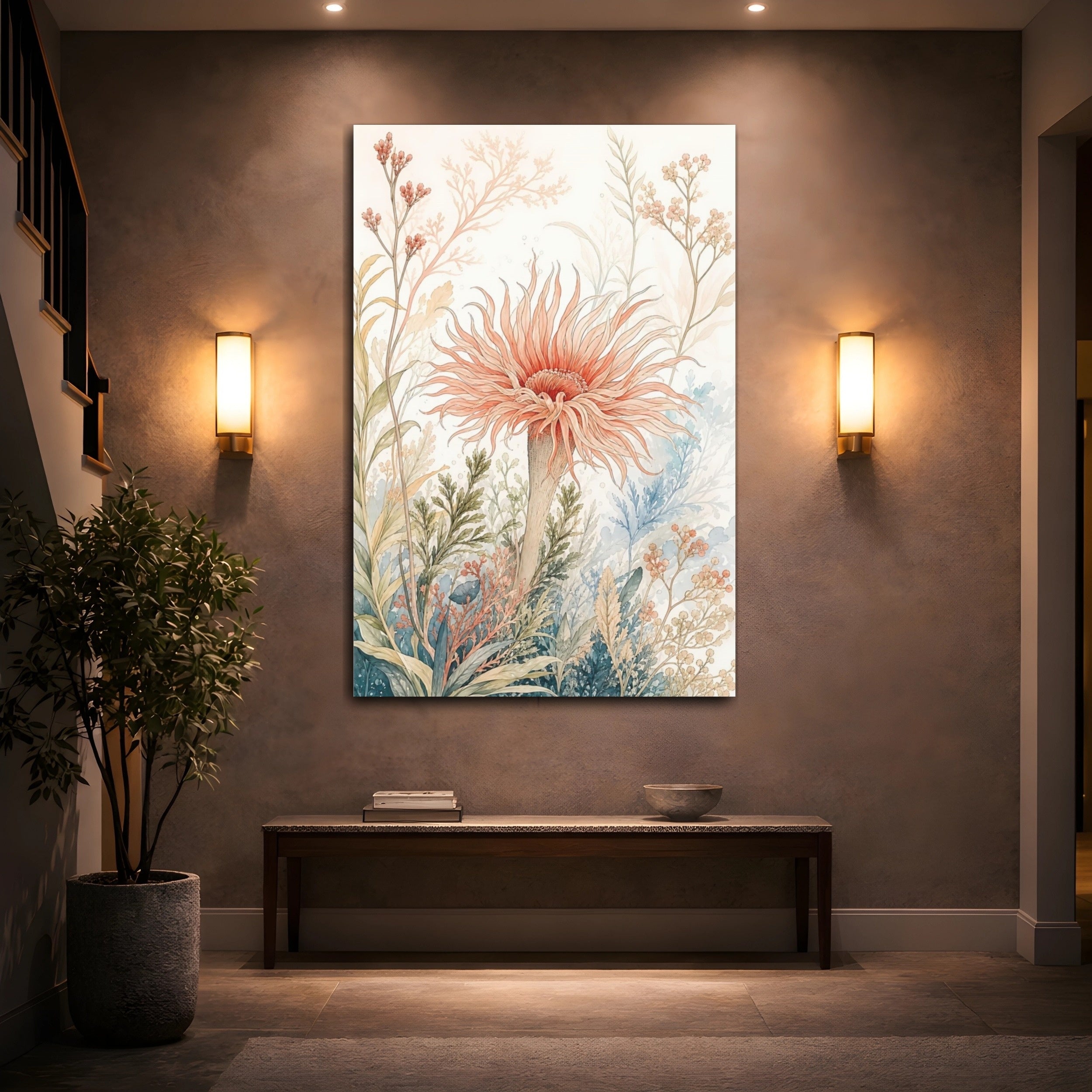 Mockup 2. Floral Sea Anemone Coral Botanical shown as stretched canvas wall art