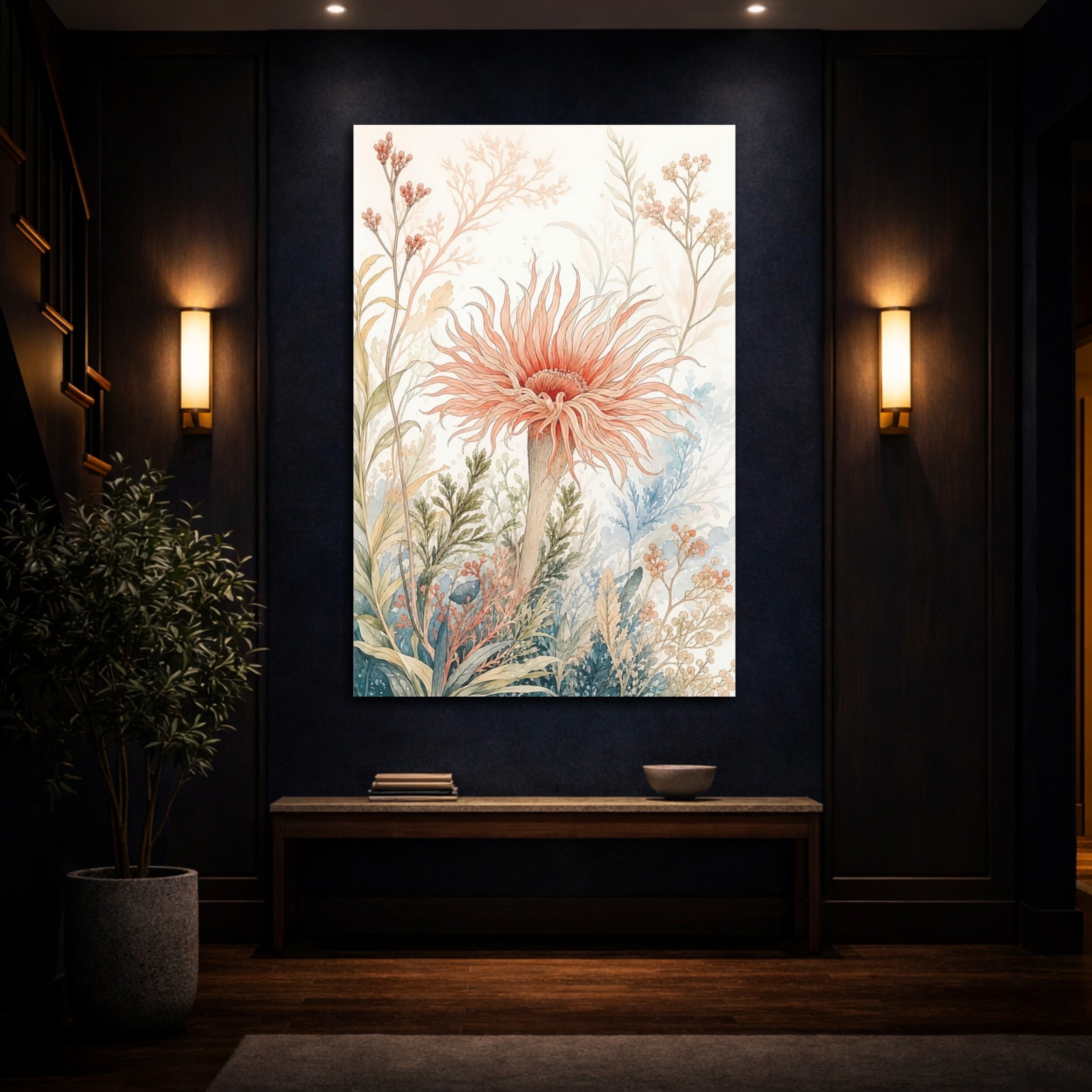 Mockup 4. Floral Sea Anemone Coral Botanical shown as stretched canvas wall art