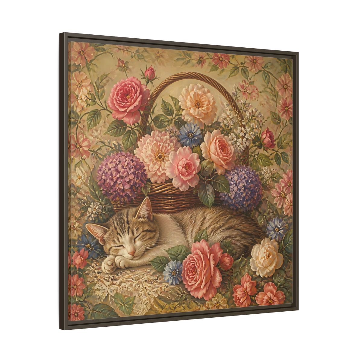 Main Mockup. Floral Sleeping Cat Pastel Floral Cat shown as stretched canvas wall art
