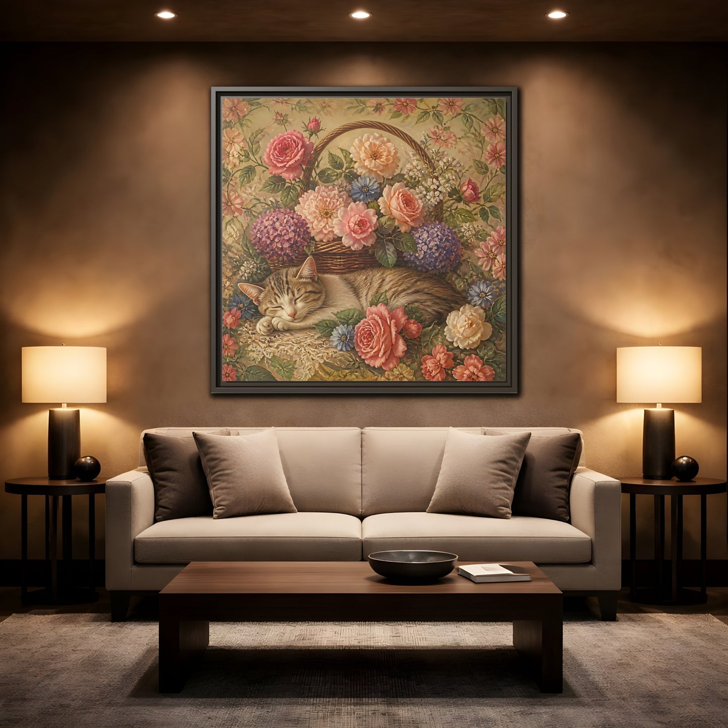 Mockup 2. Floral Sleeping Cat Pastel Floral Cat shown as stretched canvas wall art