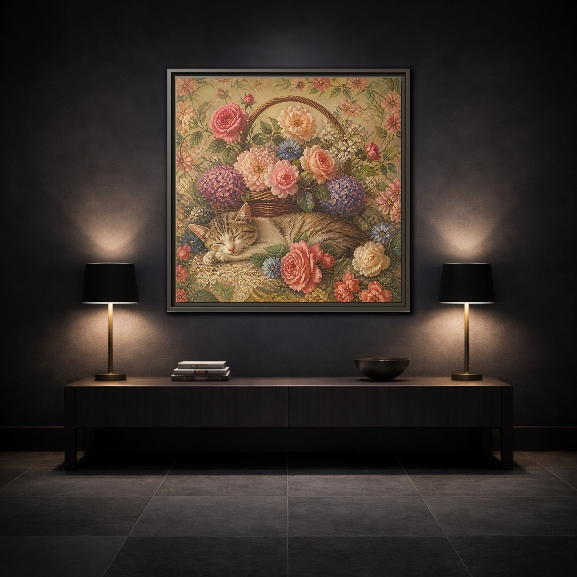 Mockup 3. Floral Sleeping Cat Pastel Floral Cat shown as stretched canvas wall art
