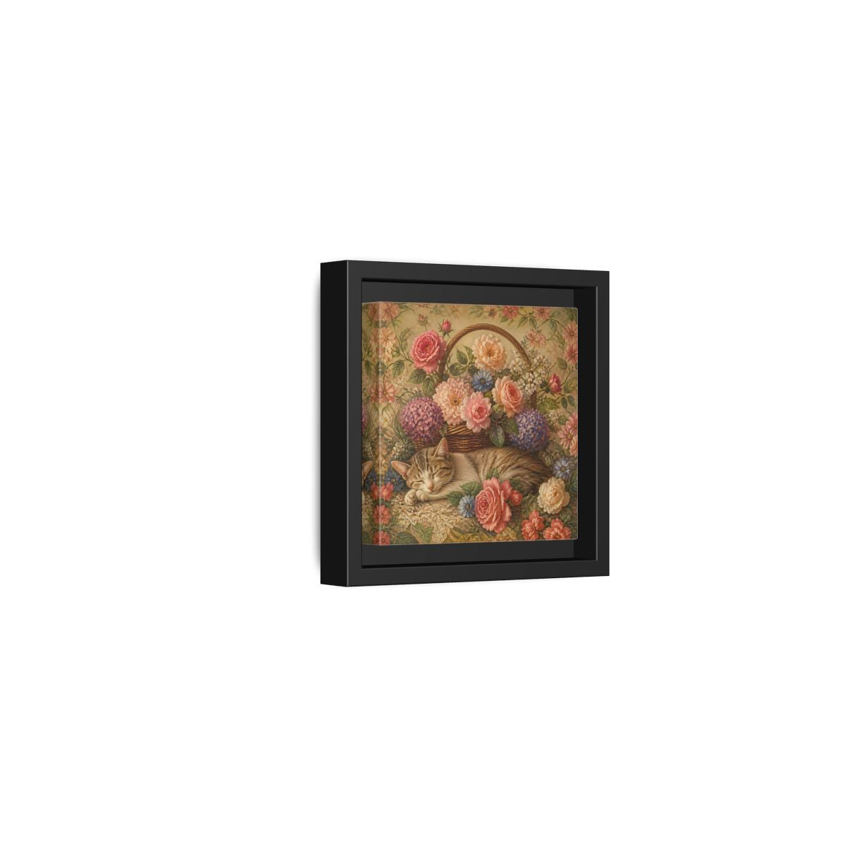 Side Mockup 24. Floral Sleeping Cat Pastel Floral Cat shown as stretched canvas wall art