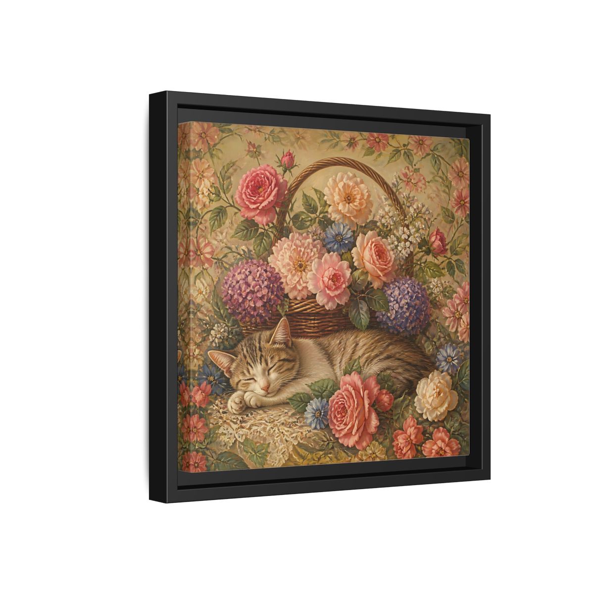 Side Mockup 18. Floral Sleeping Cat Pastel Floral Cat shown as stretched canvas wall art