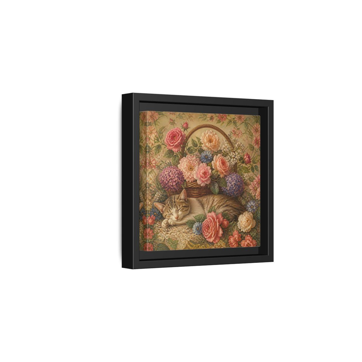 Side Mockup 3. Floral Sleeping Cat Pastel Floral Cat shown as stretched canvas wall art