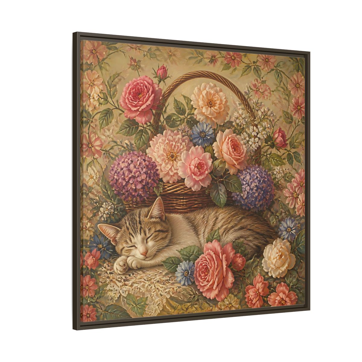Side Mockup 5. Floral Sleeping Cat Pastel Floral Cat shown as stretched canvas wall art