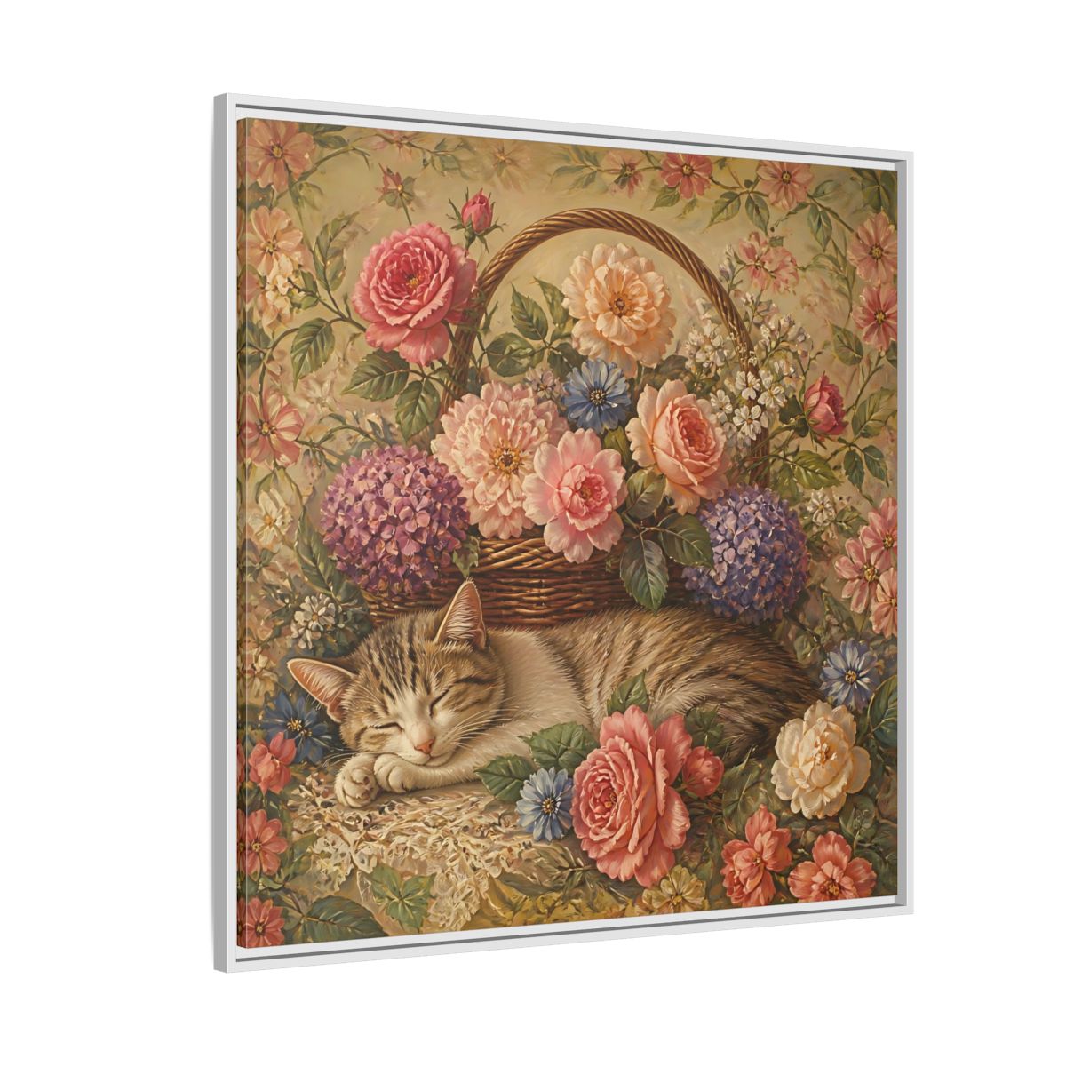 Side Mockup 4. Floral Sleeping Cat Pastel Floral Cat shown as stretched canvas wall art