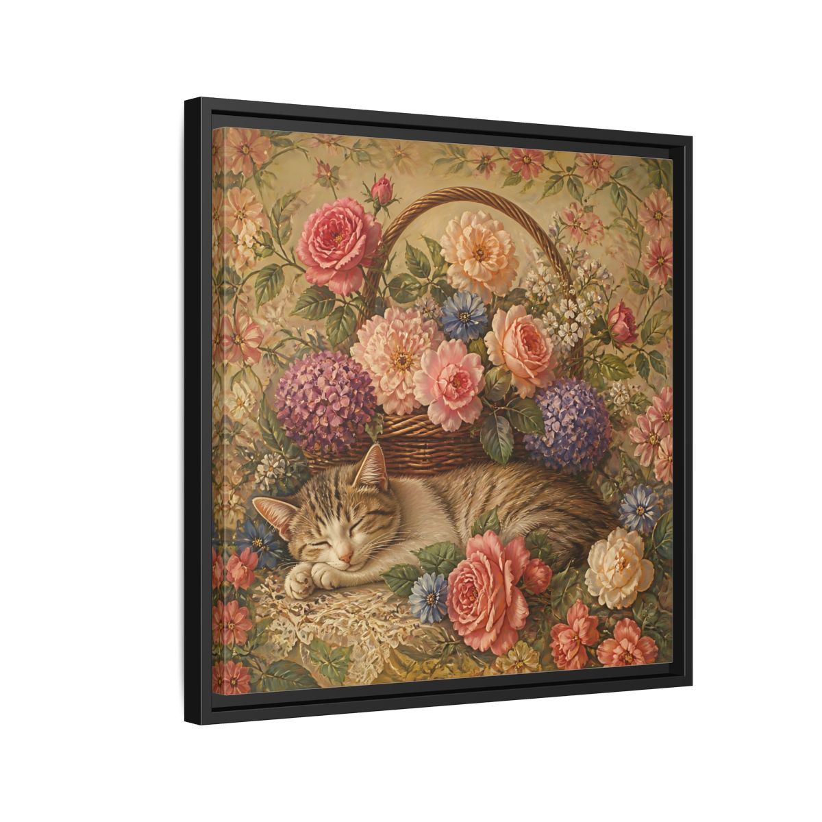 Side Mockup 12. Floral Sleeping Cat Pastel Floral Cat shown as stretched canvas wall art