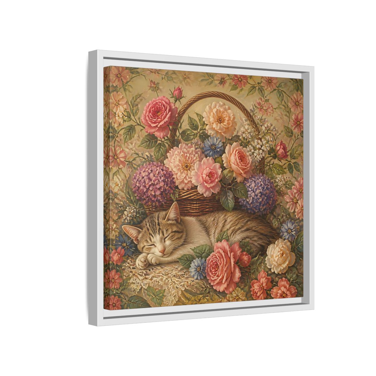 Side Mockup 13. Floral Sleeping Cat Pastel Floral Cat shown as stretched canvas wall art