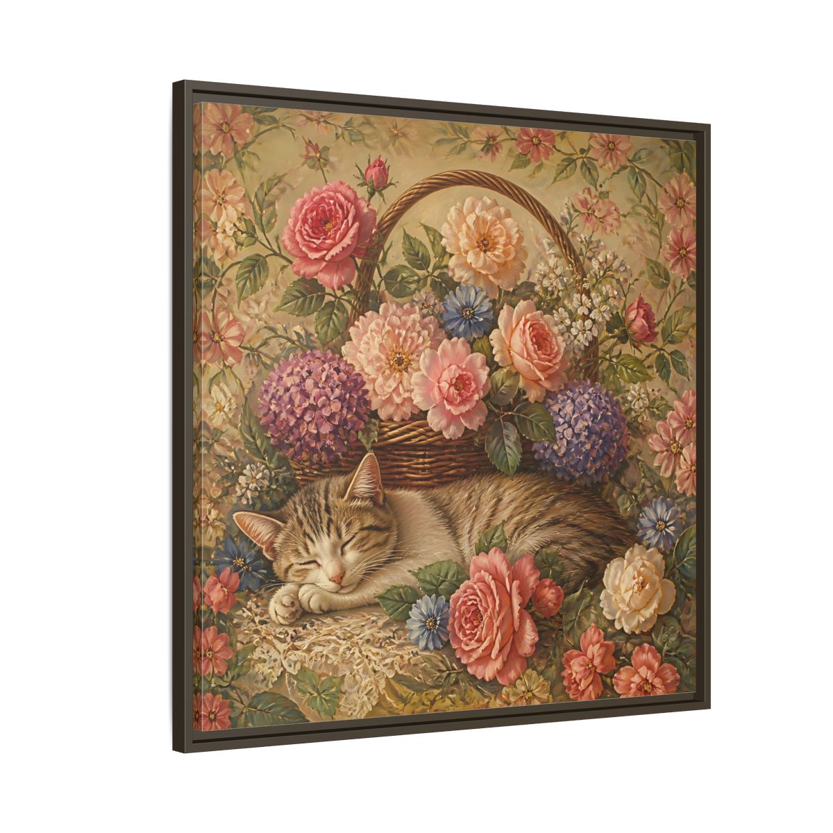 Side Mockup 8. Floral Sleeping Cat Pastel Floral Cat shown as stretched canvas wall art