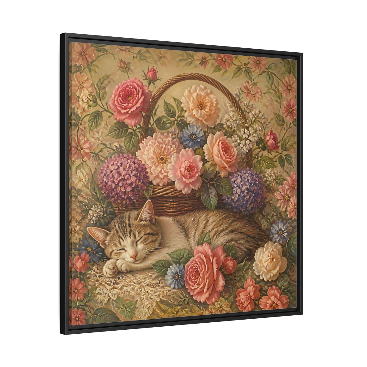 Side Mockup 30. Floral Sleeping Cat Pastel Floral Cat shown as stretched canvas wall art