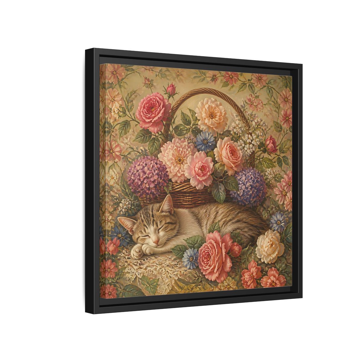 Side Mockup 15. Floral Sleeping Cat Pastel Floral Cat shown as stretched canvas wall art
