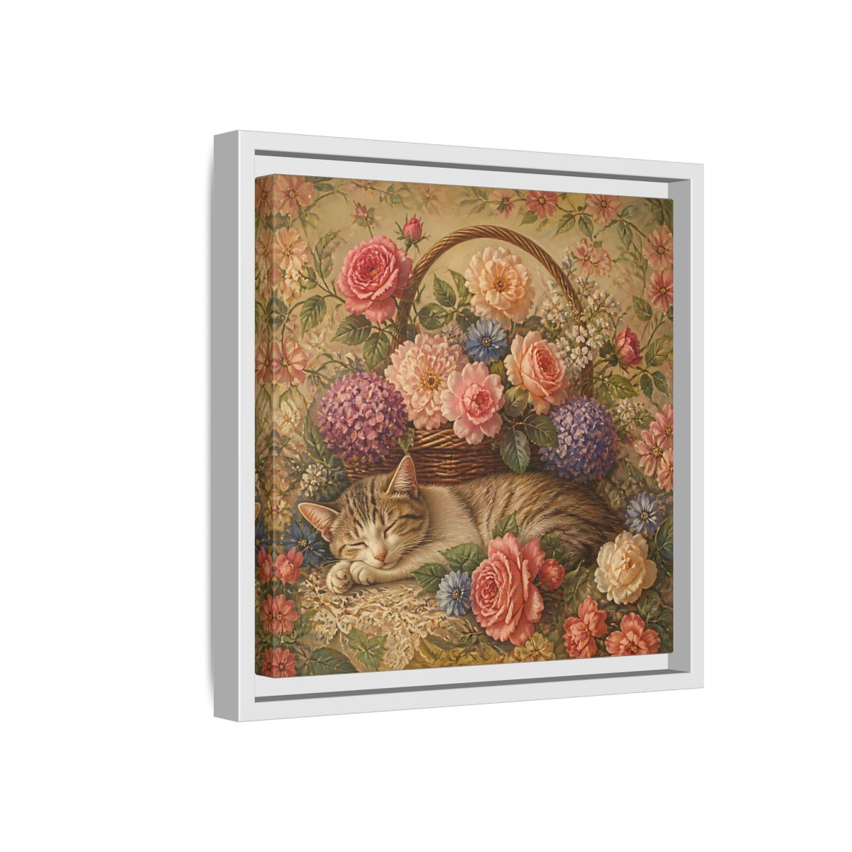 Side Mockup 16. Floral Sleeping Cat Pastel Floral Cat shown as stretched canvas wall art