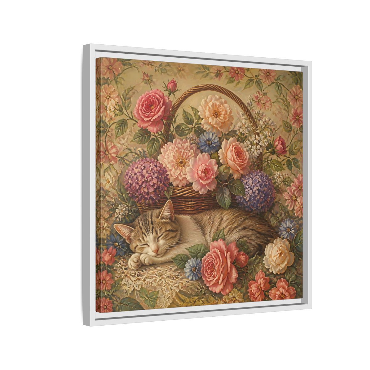 Side Mockup 10. Floral Sleeping Cat Pastel Floral Cat shown as stretched canvas wall art