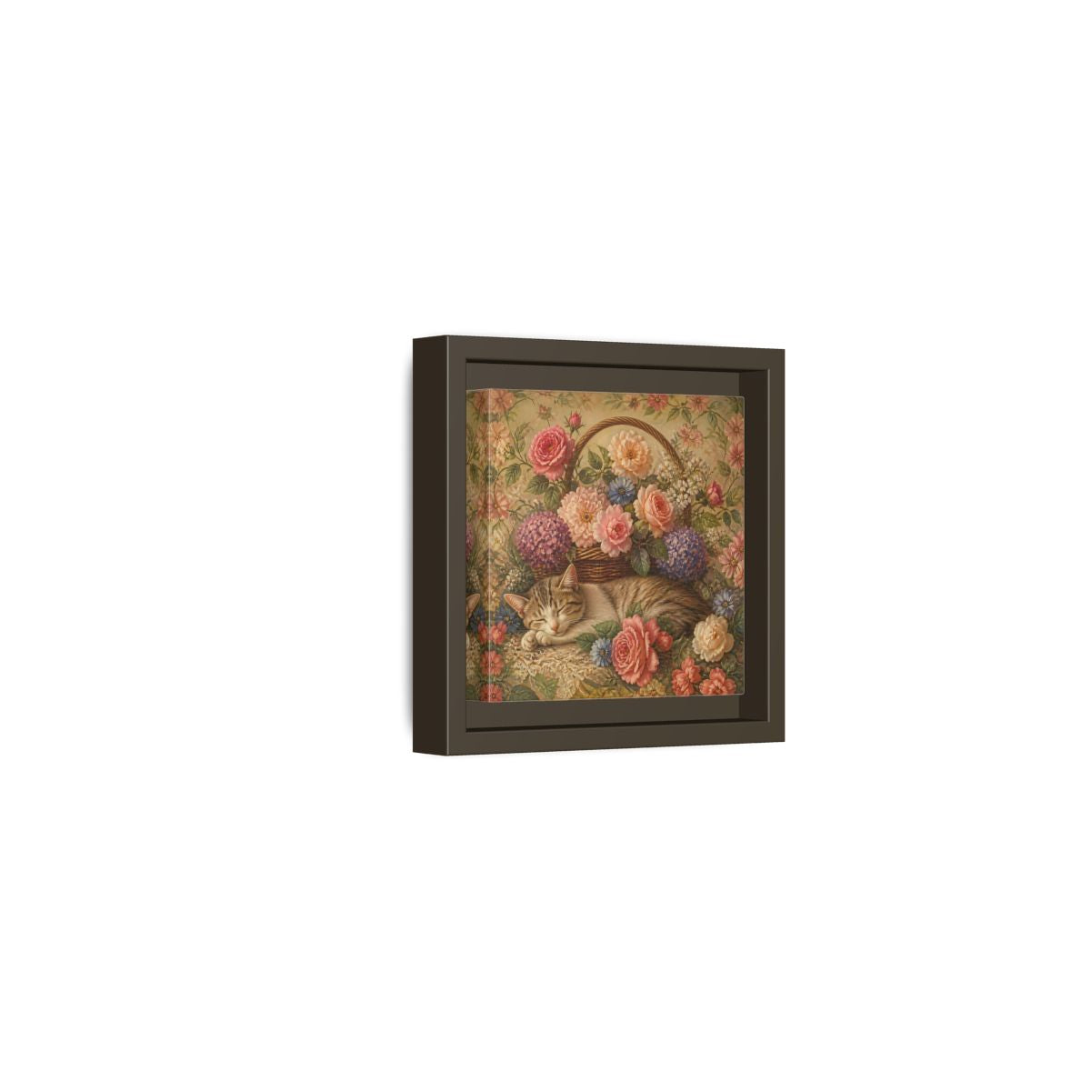 Side Mockup 23. Floral Sleeping Cat Pastel Floral Cat shown as stretched canvas wall art