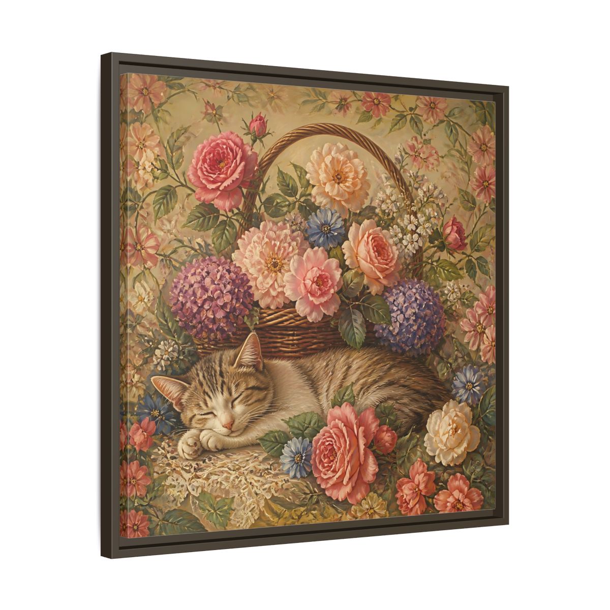 Side Mockup 27. Floral Sleeping Cat Pastel Floral Cat shown as stretched canvas wall art