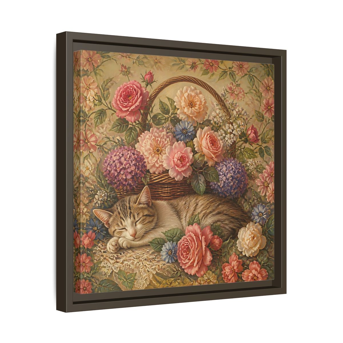 Side Mockup 29. Floral Sleeping Cat Pastel Floral Cat shown as stretched canvas wall art