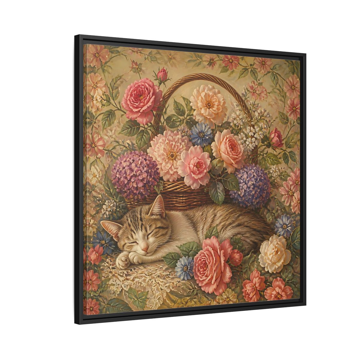Side Mockup 9. Floral Sleeping Cat Pastel Floral Cat shown as stretched canvas wall art