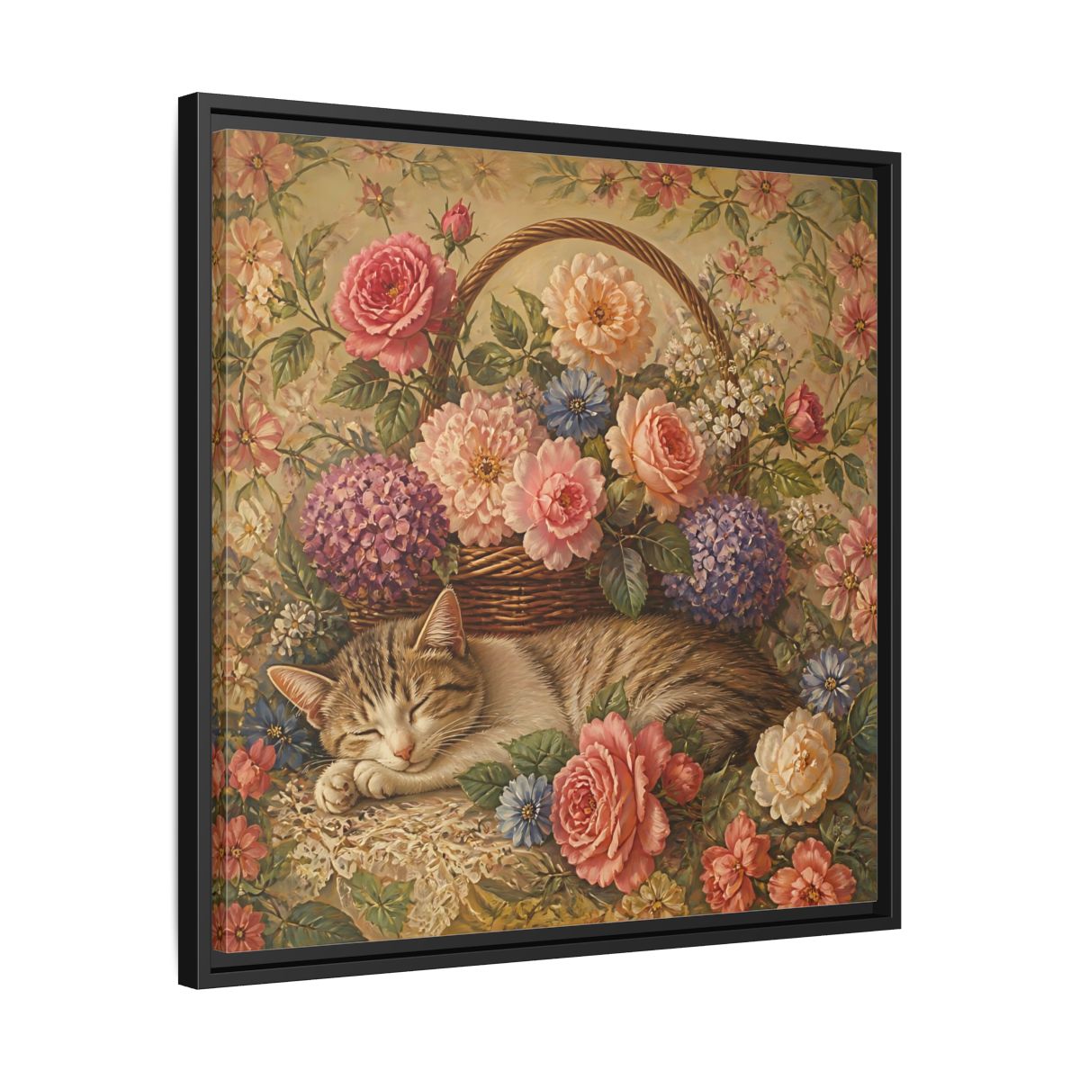Side Mockup 31. Floral Sleeping Cat Pastel Floral Cat shown as stretched canvas wall art