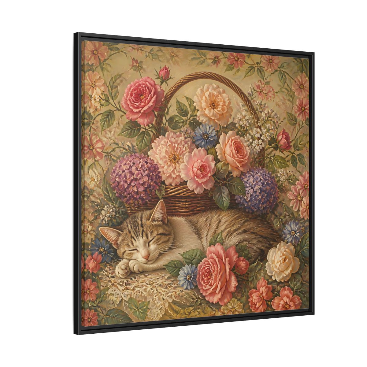 Side Mockup 6. Floral Sleeping Cat Pastel Floral Cat shown as stretched canvas wall art