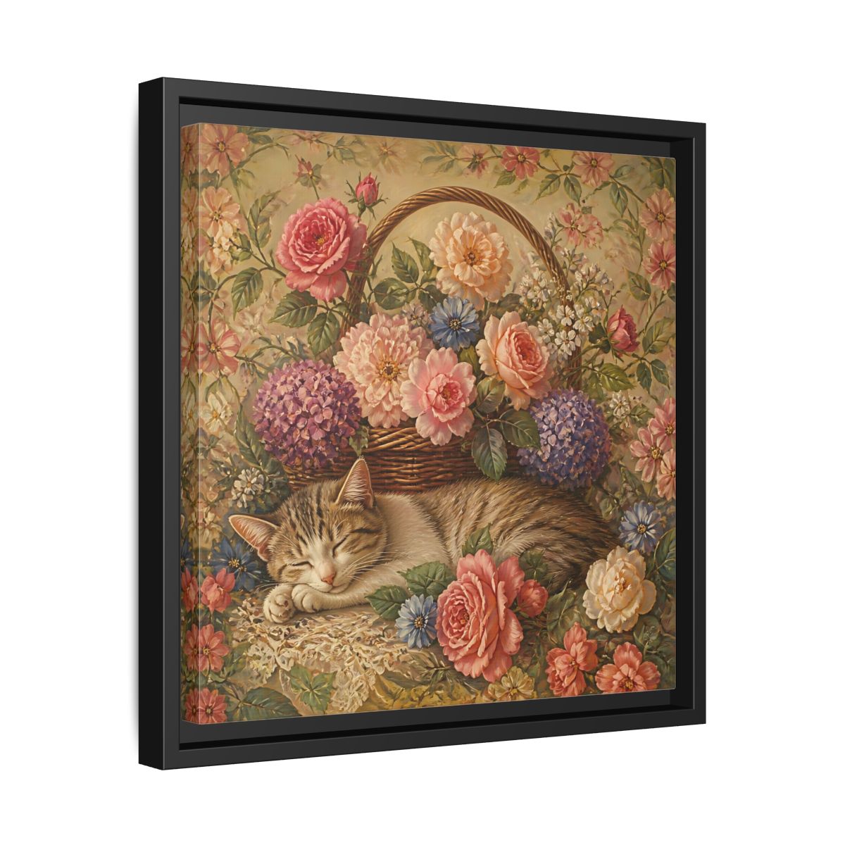 Side Mockup 32. Floral Sleeping Cat Pastel Floral Cat shown as stretched canvas wall art