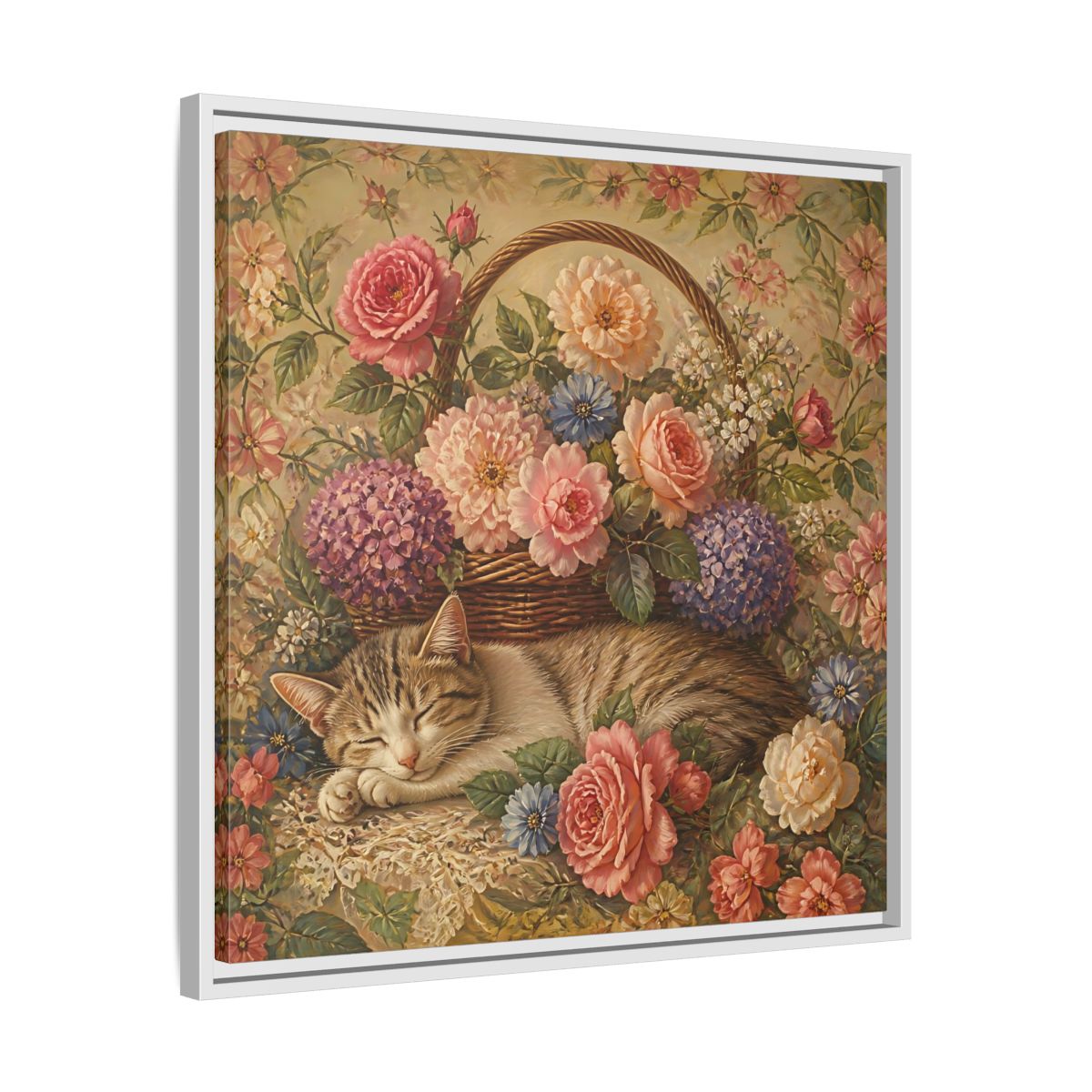 Side Mockup 26. Floral Sleeping Cat Pastel Floral Cat shown as stretched canvas wall art