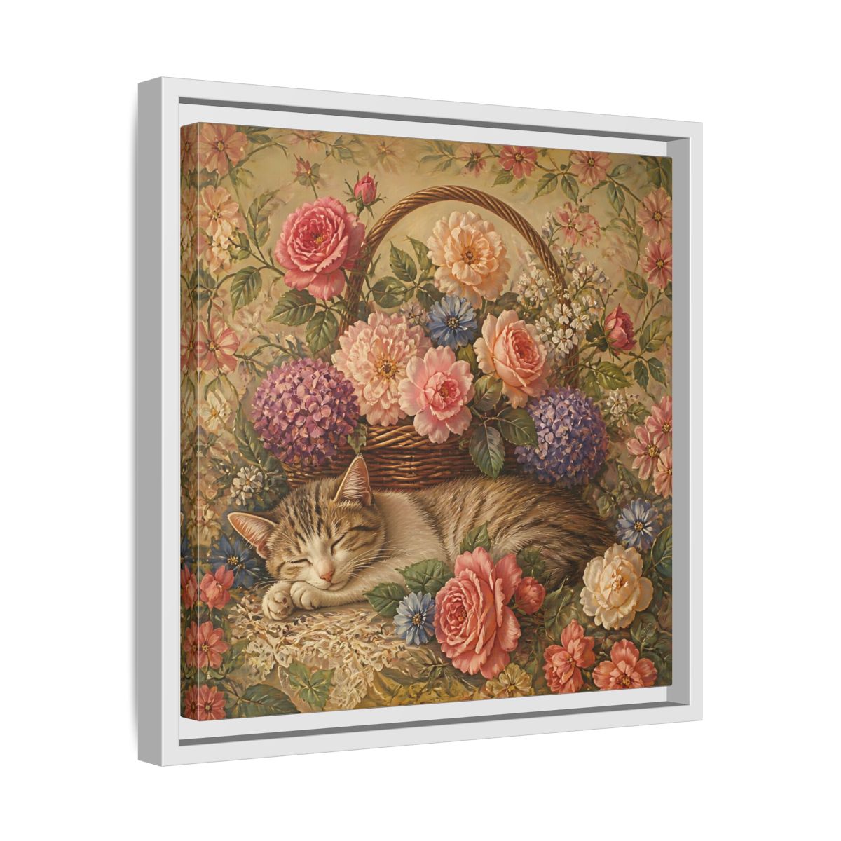 Side Mockup 28. Floral Sleeping Cat Pastel Floral Cat shown as stretched canvas wall art