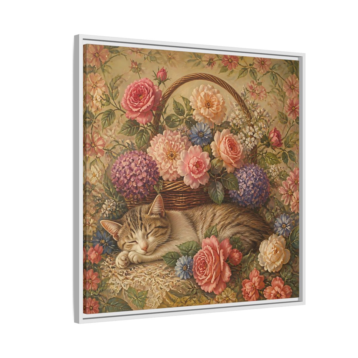 Side Mockup 7. Floral Sleeping Cat Pastel Floral Cat shown as stretched canvas wall art
